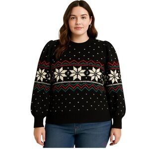 Ralph Lauren Black Label Graciela Fair Isle Plus Size 2X Puff-Sleeve Sweater